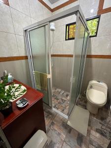 a bathroom with a shower and a toilet in it at Villa Castillo de Ensueño in Concepción de Ataco
