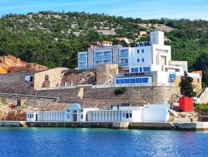 a white building on a hill next to the water at Apartman NEDA in Jablanac