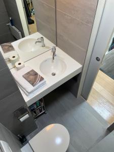 een badkamer met een witte wastafel en een toilet bij Loft-House - Maison Vigneronne Village UNESCO in Rivaz