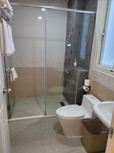 a bathroom with a shower and a toilet and a sink at Taitung Crabs House in Chenggong