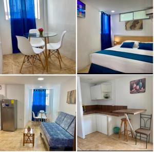 3 fotos de una habitación de hotel con cama y mesa en Hostal Casa Latina en Manta