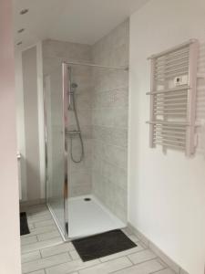a shower with a glass door in a bathroom at Du coté de chez Swann in Puiseaux