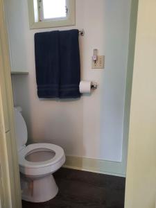 La salle de bains est pourvue de toilettes et d'une serviette bleue. dans l'établissement Serenity Motel, à Shaftsbury