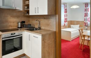 ミュールバッハ・アム・ホーホケーニッヒにあるAmazing Apartment In Mhlbach With House A Mountain Viewの赤いカーペットのキッチン(白いキャビネット付)