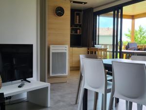 Μια τηλεόραση ή/και κέντρο ψυχαγωγίας στο Chalet 3 chambres avec piscine chauffée, proche Golfe du Morbihan, idéal pour familles! - FR-1-783-5