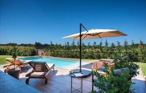 a patio with a pool and an umbrella and chairs at Villa Moraceae in Pula