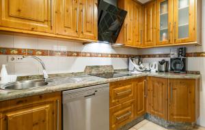 a kitchen with wooden cabinets and a sink and a dishwasher at Beautiful Apartment In Nerja With Wifi in Nerja