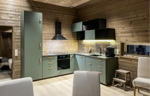 a kitchen with green appliances and wooden walls at Cozy Home In Ålen With Wifi in Ålen
