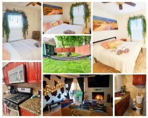 un collage di quattro foto di una camera da letto di Austin Greenhouse Rentals ad Austin