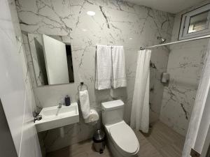 La salle de bains blanche est pourvue de toilettes et d'un lavabo. dans l'établissement Villa Sicilia, à Guatemala