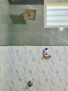 a bathroom with a blue and white tiled wall at Sanctuary View Homestay Thattekad in Ernakulam