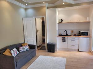 a living room with a couch and a kitchen at Waterlily et Coquelicot house in Vernon +17 photos