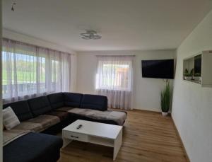 sala de estar con sofá y TV en Geishöhe Landgasthof Rose Dammbach, en Dammbach