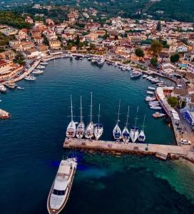 an aerial view of a harbor with boats in the water at DVLNG FAMILY STUDIO APARTMENT in Kassiopi