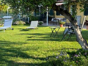dwa krzesła i stół i drzewo w trawie w obiekcie CASA VISTA MARE - Superb garden and Parking included w mieście Imperia