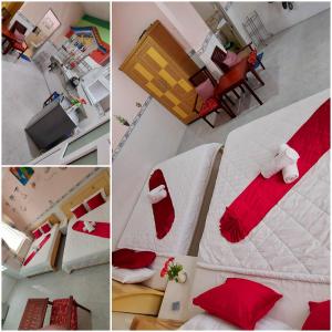 3 fotos de un dormitorio con una cama con sábanas rojas en Minh Khang, en Ấp Thiện Phước