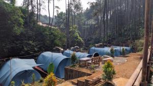 a group of blue tents in a forest at wulandari reverside camping ground pinus singkur in Bandung