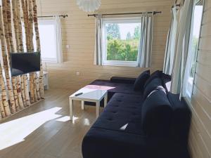 a living room with a black couch and a table at Pod Wierzbami in Żuławki