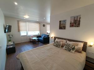 a bedroom with a large bed and a blue couch at Sea Sand apartment in Liepāja