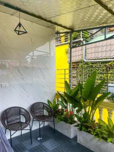 a patio with two chairs and some plants at Sunny Garden Balcony in Old Quarter, Free Laundry, Free Water in Hanoi