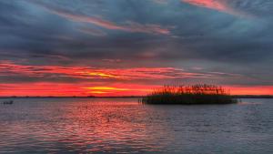 una pequeña isla en medio de un lago con una puesta de sol en Live Tulcea Hotel, en Tulcea