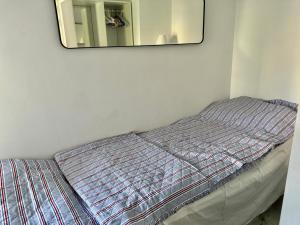 Cama en habitación con espejo en la pared en Skol Apartments Marbella, en Marbella