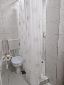 a bathroom with a toilet and a shower curtain at Apartman Nena Užice 2 in Užice