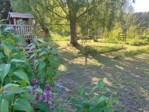 a garden with a tree and a fence at Lidhem herrgård. Bed & Breakfast och mindre lägenheter in Vimmerby