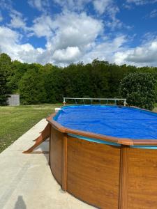 duży niebieski basen na polu z drzewami w obiekcie The charming private Farmhouse at La Grenouillére w mieście Puyréaux