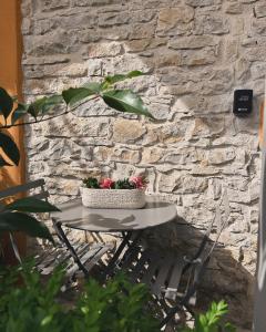 uma mesa com uma planta ao lado de uma parede de pedra em Art action room 