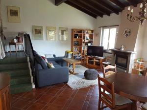 a living room with a blue couch and a table at Casa Dolores in Lugano