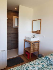 ein Bad mit einem Waschbecken und einem Spiegel in der Unterkunft Le grand large in Bretteville