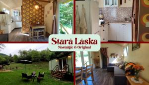 uma colagem de fotos de uma cozinha e uma sala de estar em Tinyfarm "Stará Láska" - Holidayfarm Natural Slovakia em Modrý Kameň