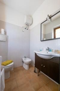 ein Badezimmer mit einem Waschbecken, einem WC und einem Spiegel in der Unterkunft Il Frantoio in Lapedona