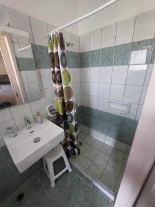 y baño con lavabo y ducha. en Antzela Apartments en Sidárion