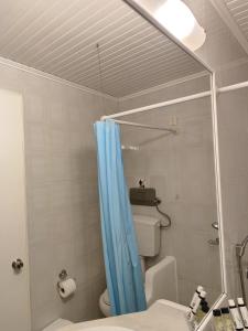 a bathroom with a shower with a blue shower curtain at Sidra Hotel in Hydra