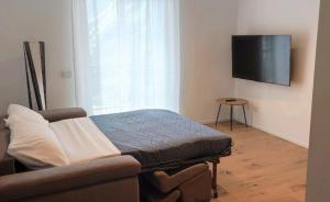 a bedroom with a bed and a flat screen tv at APPARTAMENTO LA FUCINA in Molina di Ledro
