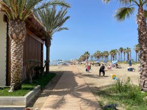 un marciapiede accanto a una spiaggia con palme di Hotel Vila MAX a Durrës