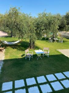a table and chairs and a hammock under an apple tree at Luminous Luxury Apartments in Limenas