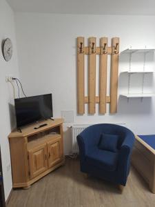 a living room with a blue chair and a television at Zum Gogerer in Floß