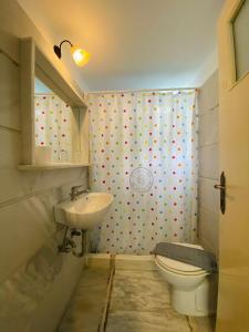 een badkamer met een toilet en een douchegordijn met stippen bij Pension Marias in Mykonos-stad