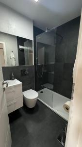 a bathroom with a shower and a toilet and a sink at Apartment Weitblick in Braunschweig
