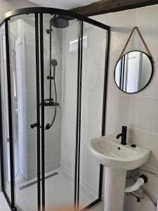 a bathroom with a shower and a sink at Apartmani VERONA in Bijela