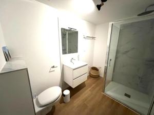 La salle de bains est pourvue de toilettes, d'un lavabo et d'une douche. dans l'établissement Location T2 premium 44 m2 Cala rossa à 800 m de la plage, à Lecci
