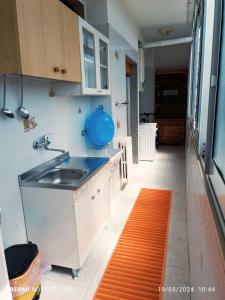 een keuken met een wastafel en een oranje tapijt bij La casa Dei Mari in Taranto