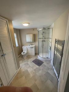 a bathroom with a shower and a toilet at The Anchorage Snowdonia in Blaenau-Ffestiniog