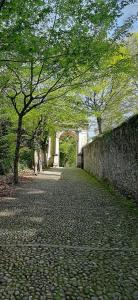 een stenen pad met een brug en bomen in een park bij Appartamento CasaMia in Miasino
