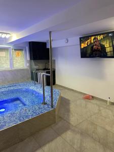 uma casa de banho com jacuzzi com televisão na parede em Relax Vučković em Ivanjica