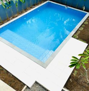 a swimming pool in a yard with a blue pool at Eleven villa 1 in Pangandaran