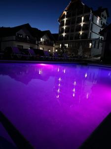 ein Pool mit lila Lichtern in der Nacht in der Unterkunft Villa For You Hotel in Poljanyzja